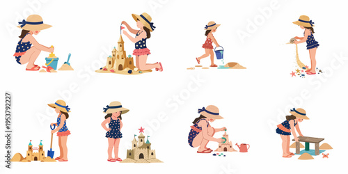 Set of vector illustrations of a little girl in a swimsuit and sun hat building sandcastles on the beach during summer.