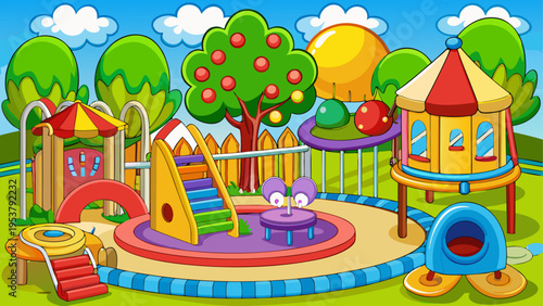 Colorful cartoon playground scene featuring various play equipment and a bright sunny day theme