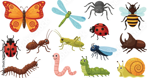 Collection of insects including butterfly bee ant ladybug and caterpillar colorful cartoon vector illustration nature bugs set