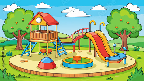Colorful cartoon playground structure with a slide and a playhouse in a sunny green park setting