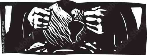 Woodcut style image of hands Making the World fro clay