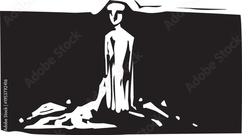 Woodcut style ima ge of a man made from clay