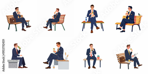 Businessman in a suit sitting on a bench and eating a wrap or burrito lunch break set illustration