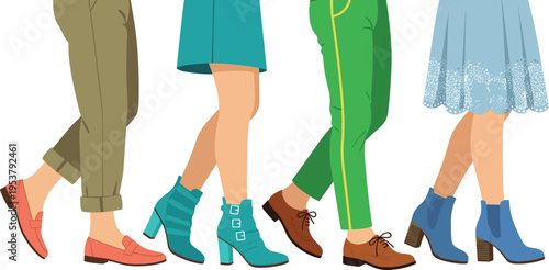 Collection of legs with stylish shoes and clothing isolated on white background fashion outfit vector illustration set