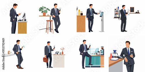 Set of flat vector illustrations depicting a businessman using smartphone for contactless payments, mobile banking, and digital ordering in various cafe settings.