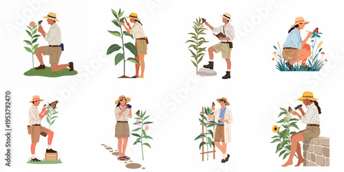 Set of flat illustrations featuring entomologists and naturalists studying butterflies and plants in various outdoor settings.