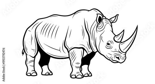 A black and white illustration of a rhinoceros standing still.