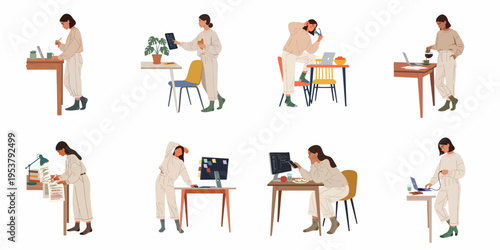 Vector illustrations of a young woman working remotely at home, coding, writing, and relaxing in comfortable clothes at her desk.
