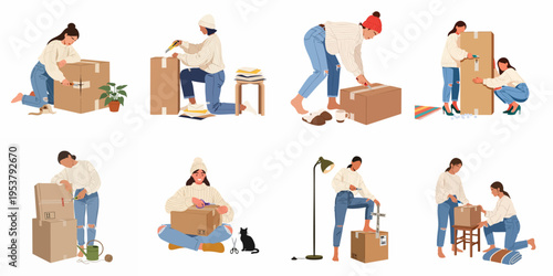 Collection of women packing and unpacking cardboard boxes for moving, shipping, or relocation, depicted in a clean flat illustration style.