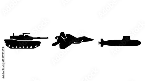 Military vehicles tank, jet fighter, and submarine icons