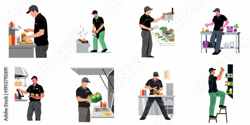 Set of professional male kitchen staff performing various food preparation and service tasks in a fast-food restaurant environment.