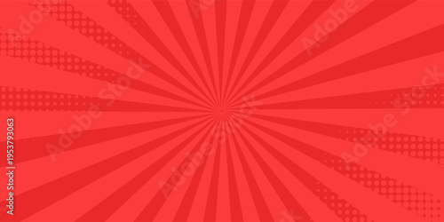 Pop art comic book strip cover design. Explosion, isolated retro style comics radial red background. Halftone colored background frame.