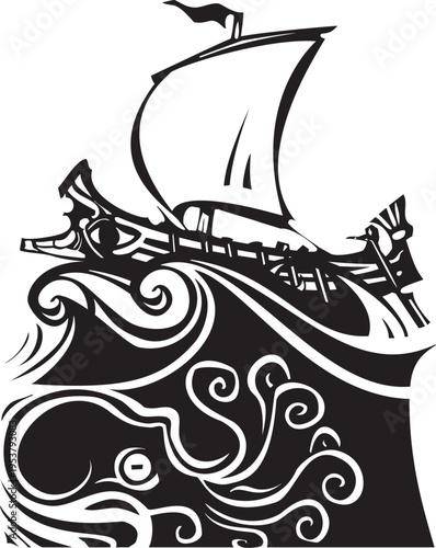 Woodcut style image of a giant octopus beneath an ancient greek ship