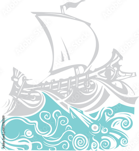 Woodcut Greek Galley Sea and Sea Life