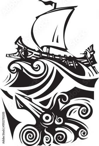 Woodcut greek galley sailing over a giant squid at sea