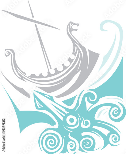 Woodcut viking longship sailing over a giant squid at sea