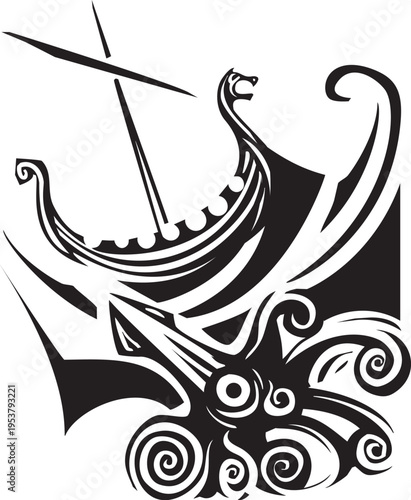 Woodcut viking longship sailing over a giant squid at sea
