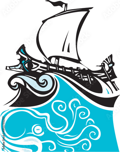 Woodcut style image of a giant octopus beneath an ancient greek ship