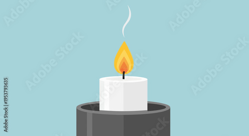 A lit white candle in a holder.