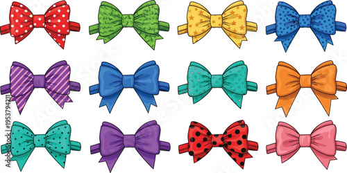 Colorful bow tie ribbons collection with different patterns isolated on white background decorative accessory vector illustration set