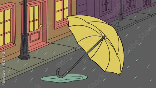 Yellow umbrella lying on a wet city street in the rain during a gloomy day, minimalist flat vector illustration for urban weather and seasonal concepts.