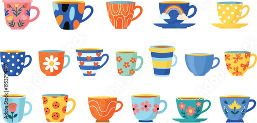 Colorful coffee cups collection with different patterns and shapes isolated flat vector illustration kitchen drinkware set