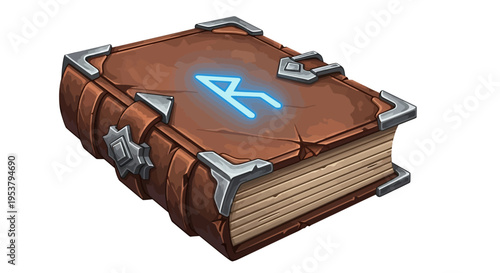 Brown leather bound fantasy magic book.
