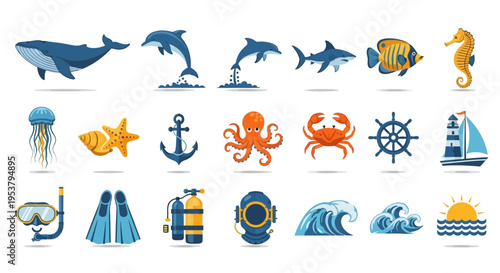 Collection of ocean icons and symbols.