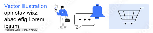 Digital marketing, e-commerce, notifications, decision-making, online shopping, messaging. Man holding a light bulb, chat bubble notification bell shopping cart. E-commerce and notifications