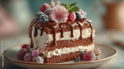 Decadent Chocolate Cake with Berries and Cream.