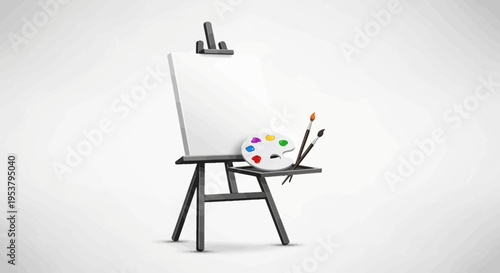 Easel with canvas and paint brushes.