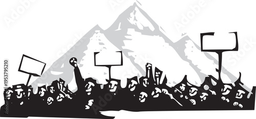 Woodcut style image of protesters in front of the pyramids of egypt