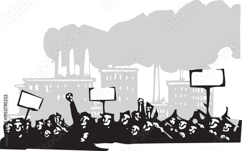 Woodcut style Woodcut style image of protesters in front of a factory