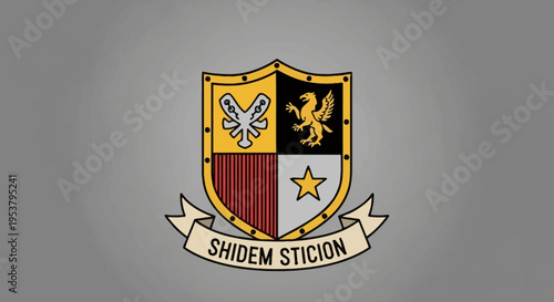 Heraldic shield with symbolic crest.