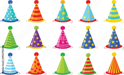 Colorful party hats collection with different patterns festive celebration accessories isolated flat vector illustration birthday decoration set