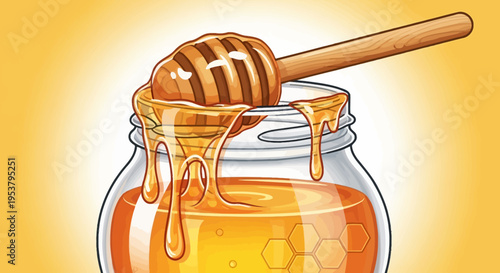 Honey dripping from wooden dipper.