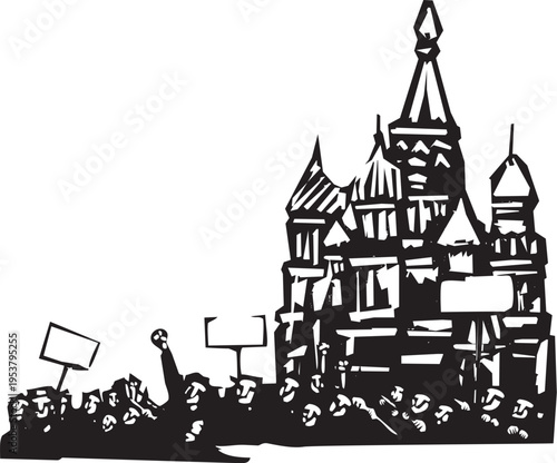 Woodcut style image of protesters in front of the kremlin in moscow
