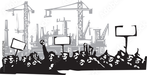 Woodcut style image of protesters in front of a factory