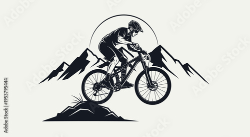 Foto Man riding mountain bike downhill fast.