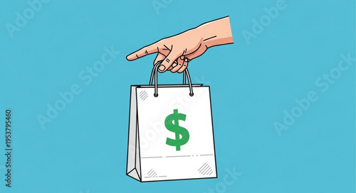 Hand Pointing to Shopping Bag with Dollar Sign - Consumerism Concept.