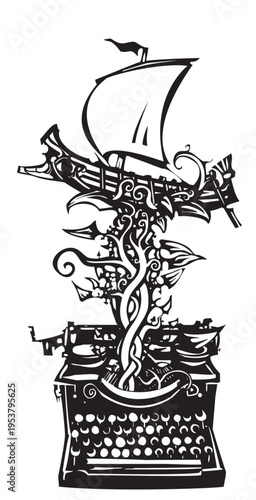 Woodcut style image of a type writer with a greek galley emerging from it