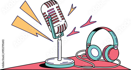 Professional vector illustration of a vintage microphone and headphones on a desk for podcasting, radio broadcasting, music recording, and audio content creation.