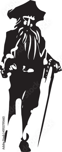 Woodcut style image of a peg legged pirate captain