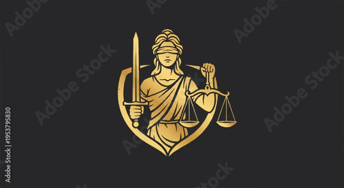 Justitia the goddess of justice holding scales and sword symbolizing law and order blindfolded gold on black background