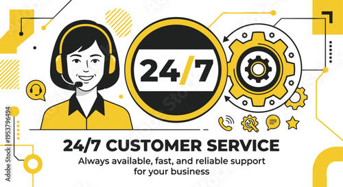 24/7 Customer Service Support Concept with Female Operator and Gear Icons, Technical Assistance Illustration