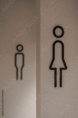 Minimalist modern restroom sign on a textured wall. Female icon in focus with blurred male icon in the background.
