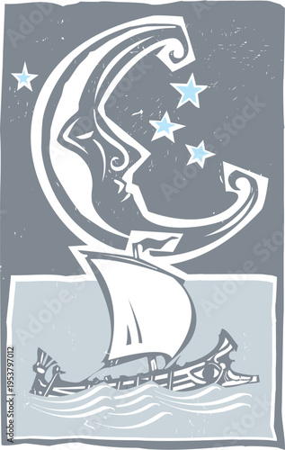 Woodcut style moon and Greek galley Ship