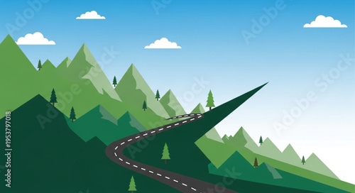 Scenic Mountain Road Landscape with Green Peaks and Blue Sky.