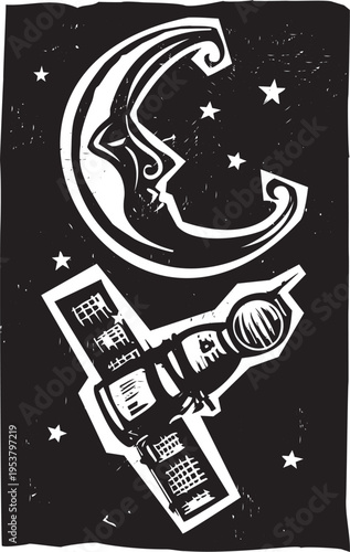 Woodcut style image of a russian spacecraft orbiting a moon with a face