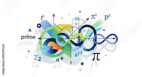 Abstract Mathematical Concepts and Symbols Illustration - Prime Numbers, Pi, Infinity, and Equations.